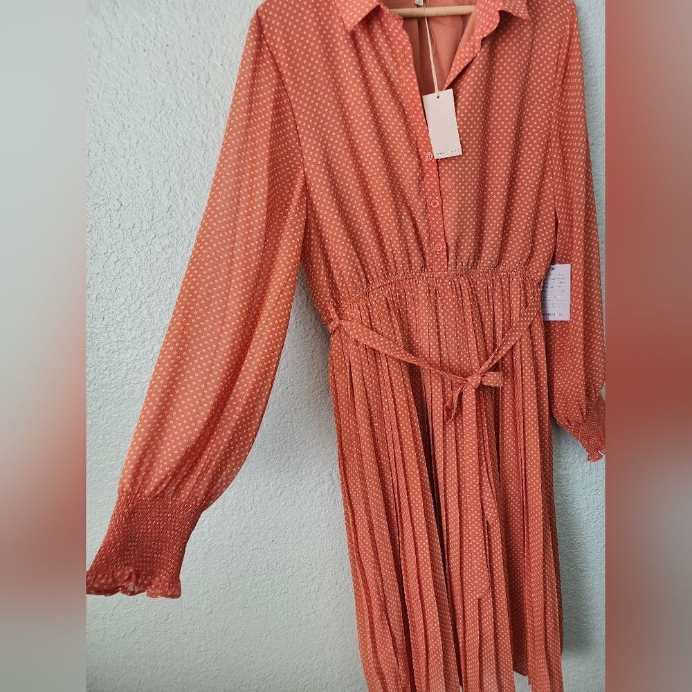 MELLODAY Orange Pleated Tie Front Dress New With Tags - Picture 6 of 11